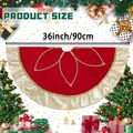 Red plush Christmas tree skirt with gold embroidery trim, 36 inch diameter size - Medium