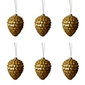 Close-up of six golden pine cone ornaments in a neat 2x3 grid with hanging loops - Pine Cone Style / Gold
