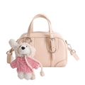 Beige faux leather handbag with textured finish and cute white dog plush charm - With Pendant / Pink
