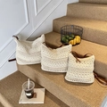 Beige crochet woven shoulder bag with brown leather straps in three different sizes - Large / Beige (With Pendant)