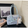 Light blue geometric patterned tote bag with plush dog charm and long handles - Blue (with Pendant)