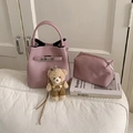 Pink lychee texture bucket bag and pouch set with silver buckle and bear charm - With Charm / Pink