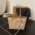 Beige geometric textured tote bag with leather strap and hanging pony charm detail - Khaki with Pendant
