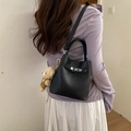 Black litchi grain bucket bag with silver metal lock and cute teddy bear charm - With Charm / Black