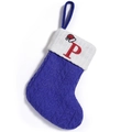Blue knit Christmas stocking with embroidered red letter P and mini Santa hat decoration - Letter P