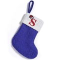 Blue knit Christmas stocking featuring white faux fur cuff and red embroidered letter S - Letter S