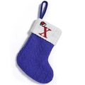 Blue knitted Christmas stocking featuring white ribbed cuff and red embroidered letter X - Letter X