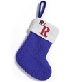 Dark blue knit Christmas stocking with white cuff and red embroidered letter R decoration - Letter R