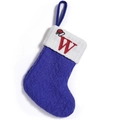 Blue knit Christmas stocking with white cuff and red embroidered letter W decoration - Letter W