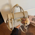 Elegant beige structured crossbody handbag with top handle and cute bear charm detail - Khaki With Pendant