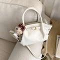 Minimalist beige bucket bag with leather texture and a cute plush bear charm - With Bear Charm / White