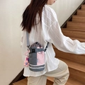 Pink and gray plaid water bottle bag with adjustable strap and floral pendant charm - With Charm / Pink
