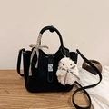 Chic black bucket handbag with silver lock, plaid ribbon, and plush sheep charm detail - With Pendant / Black