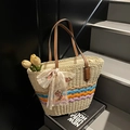 Straw woven beach tote with colorful stripes, brown leather handles, and lace flower bow - Off-white