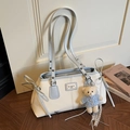 Cream white shoulder bag with blue trim, bow details, and a cute plush bear pendant - With Charm / Blue