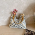 Blue and beige hollow knit tote bag with round wooden handles and bead detailing - White and Blue