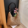 Light brown hollow woven straw tote bag with beaded ring handles and inner lining - Khaki