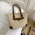 Bolso tote minimalista de lona blanco crema con asas y ribetes de cuero marrón retro - Caqui
