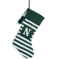 Striped Christmas stocking in dark green and white with embroidered letter N and pom poms - Green and White Striped Letter N