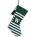 Striped Christmas stocking in dark green and white with letter W and hanging pom-poms - Green and White Striped Letter W
