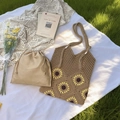 Sac fourre-tout au crochet marron avec motifs tournesols et pochette intérieure beige - Tournesol / Kaki