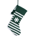 Striped Christmas stocking in dark green and white with snowflake patch and pompoms - Green and White Striped Snowflake