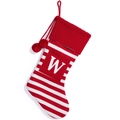 Red and white striped Christmas stocking with embroidered letter W and plush pompoms - Red and White Striped Letter W