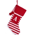 Striped Christmas stocking with red white knit patterns and letter A embroidery detail - Red and White Striped Letter A