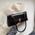 Elegante bolso de hombro baguette negro en cuero PU brillante con cierre dorado - Negro