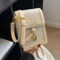 Chic cream leather and canvas crossbody phone bag with MQ monogram and gold buckle - Off-white