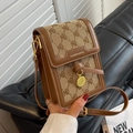 Brown textured vertical crossbody cell phone bag with logo jacquard and gold hardware - Brown