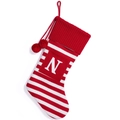 Striped Christmas stocking with red and white knit patterns and letter N detail - Red and White Striped Letter N