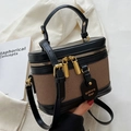 Sac seau vintage en toile marron avec bordure en cuir noir et bandoulière réglable - Noir