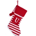 Striped Christmas stocking in red and white with knitting letter U and fluffy pom-poms - Red and White Striped Letter U