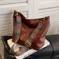 Brown leather Hobo bag with a colorful ethnic patterned wide crossbody shoulder strap - Brown