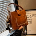 Caramel brown bucket bag with lychee texture and colorful bohemian shoulder strap - With Ornament / Caramel color