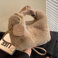 Khaki plush faux fur handbag with ruched leather handle and golden chain strap - Light Khaki