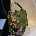 Dark green bucket bag with metal studs, rabbit charm and vintage floral wide strap - With Ornament / Green
