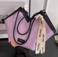 Chic lavender pleated tote bag with black leather trim and decorative printed ribbon - Purple