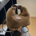 Brown faux fur plush handbag with cloud shape design and elegant gold chain detail - Light Coffee