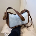 Retro Schultertasche aus hellblauem Denim mit braunem Lederbesatz und Goldteilen - Blau und Kaffee