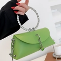 Bright green leather handbag with crystal-encrusted ring handle and silver chain strap - Green Large