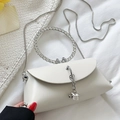 Creamy white mini handbag with rhinestone circular handle and gold chain strap - Rice White Small
