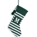 Green and white striped knitted Christmas stocking with pom-poms and letter M design - Green and White Striped Letter M