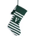 Green and white striped Christmas stocking with pom-poms and letter V pocket detail - Green and White Striped Letter V
