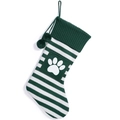 Green and white striped Christmas stocking with paw print pocket and plush pom-poms - Green-White Striped Paw Print