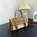 Brown and beige patchwork crossbody bag with MYBAOB embossed pattern and gold hardware - Khaki