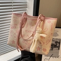 Large beige tote bag with pink graffiti and cute rabbit doll charm for women - With Ornament / Pink