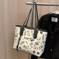 White large capacity tote bag with black graffiti print and thin shoulder straps - No Pendant / Black