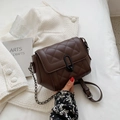 Dark brown quilted crossbody bag with U-shaped buckle and silver chain strap - Coffee